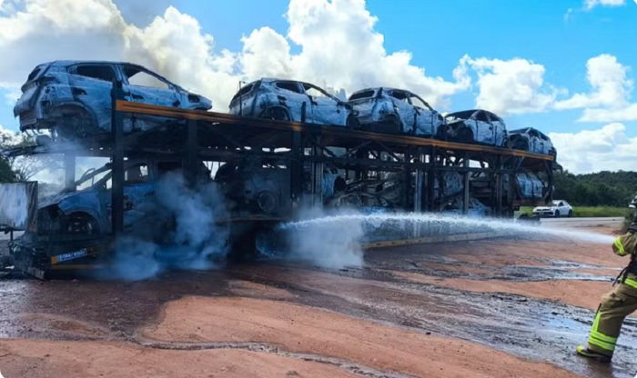 Caminhão-cegonha com 11 carros elétricos pega fogo na BR-101