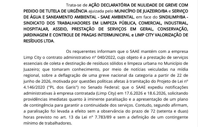 Justiça determina manutenção de serviços de limpeza urbana parcialmente durante greve dos garis em Juazeiro