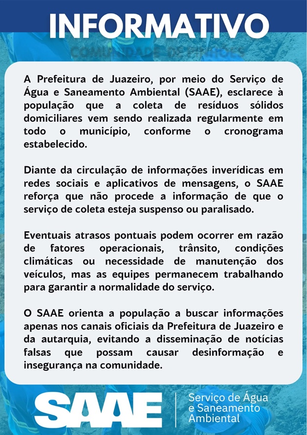  Juazeiro: SAAE reforça que não procede a informação de que o serviço de coleta esteja suspenso ou paralisado