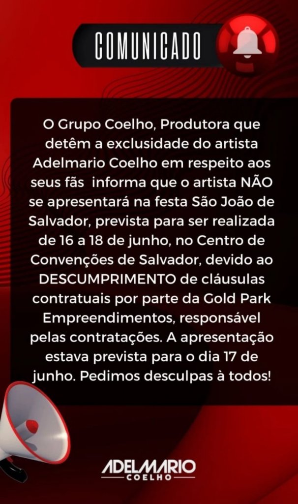 Adelmario Coelho cancela show em festa de São João em Salvador por descumprimento de cláusulas