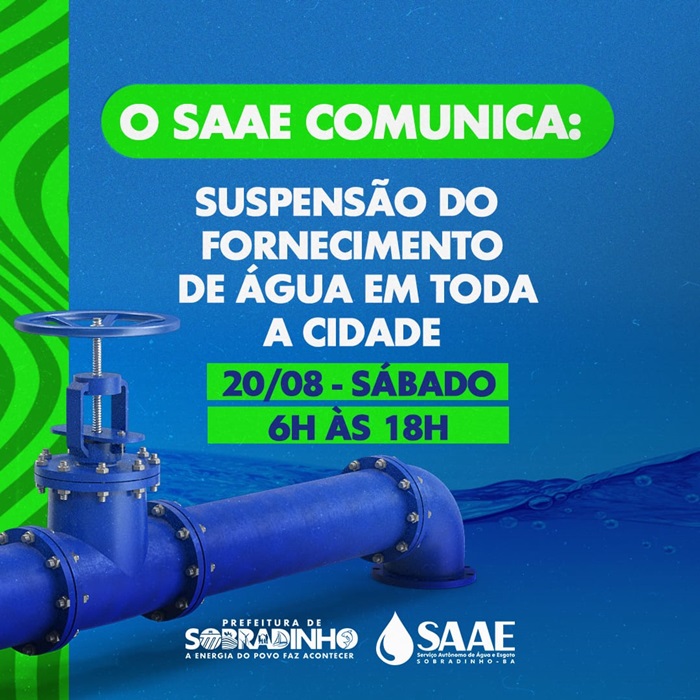 Sobradinho: SAAE informa suspensão do fornecimento de água, no próximo sábado (20)
