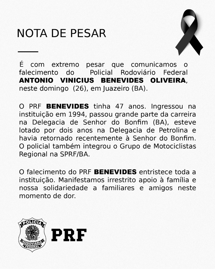 Polícia Rodoviária Federal emite nota e se solidariza com familiares e amigos de Antônio Vinicius Benevides