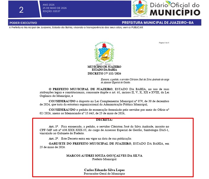 Assessor Especial de Gestão da prefeitura de Juazeiro, Clériston Andrade é exonerado, “a pedido”