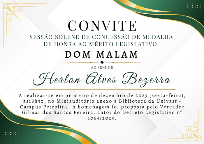  Professor Herlon Bezerra recebe Medalha Dom Malan nesta sexta-feira