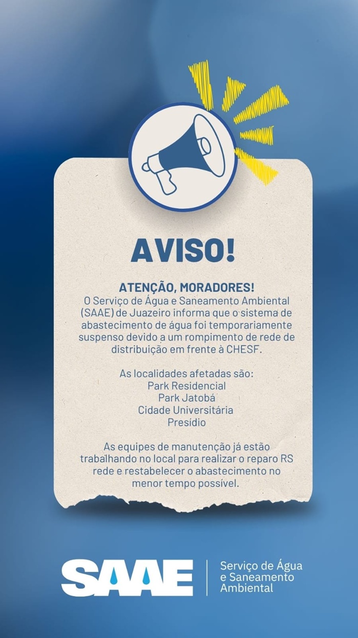Juazeiro: Confira bairros que terão abastecimento de água interrompido, segundo Saae