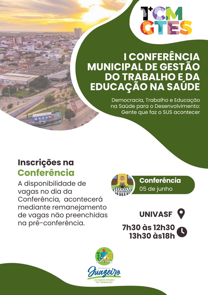 Prefeitura de Juazeiro realiza 1ª Conferência Municipal de Gestão do Trabalho e da Educação na Saúde na próxima quarta-feira (5)